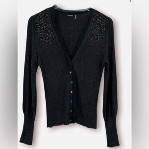 Magaschoni Black Silk Cashmere Blend Cardigan with Beaded Accents